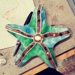 Stained Glass Starfish with Sea Glass, Sea Shell and sand accents.