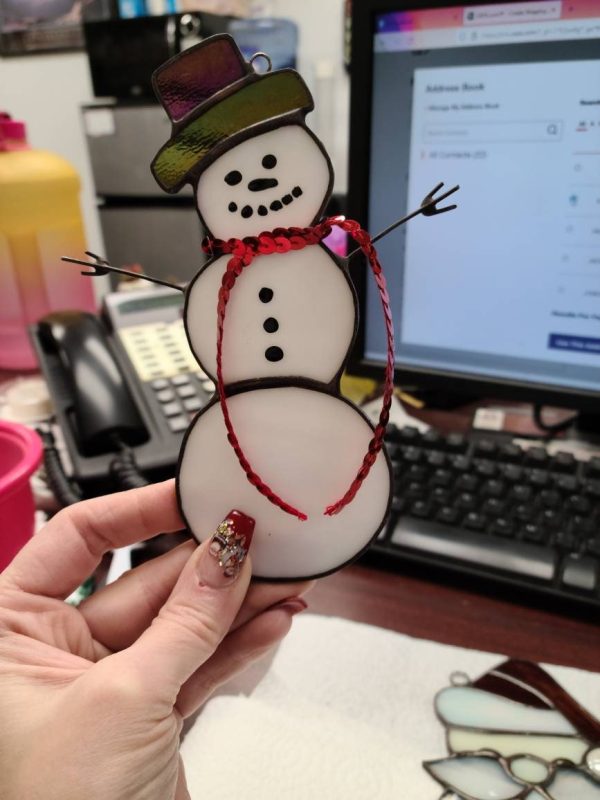 Stained Glass Snowman with Cloth Scarf - Image 2