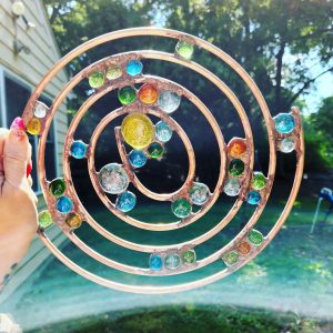 12 Inch Copper Spiral Yard Art with Colorful Glass Gem Accents