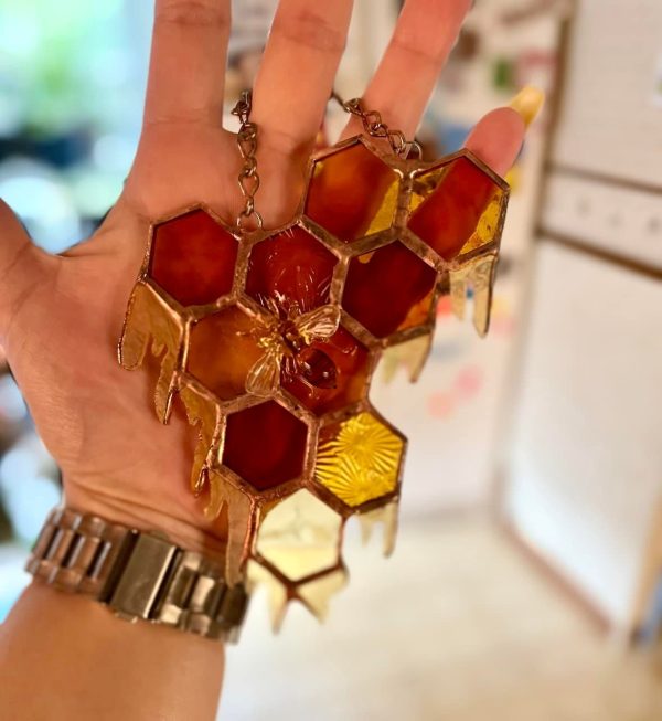 Stained Glass Honeycomb with lampwork Glass Bee - Image 7