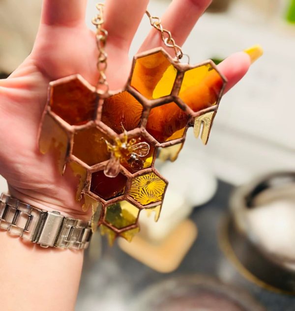Stained Glass Honeycomb with lampwork Glass Bee - Image 6