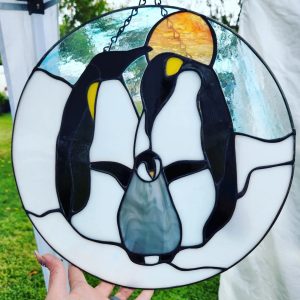 14.5 Inch Stained Glass Emperor Penguin Family Panel