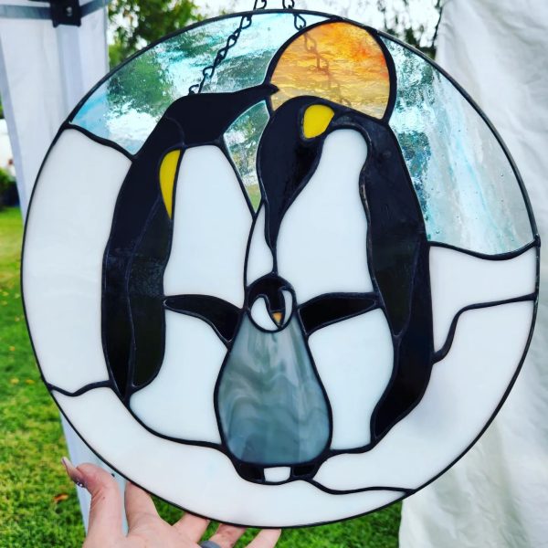 14.5 Inch Stained Glass Emperor Penguin Family Panel
