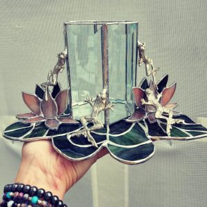 Lilly Pad Beveled Glass Candle Holder with Metal Cast Frog Accents