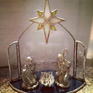 Free Standing Stained Glass Nativity Scene with moveable cast pieces