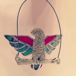Perched Cast Parrot with Stained Glass Wings and Tail