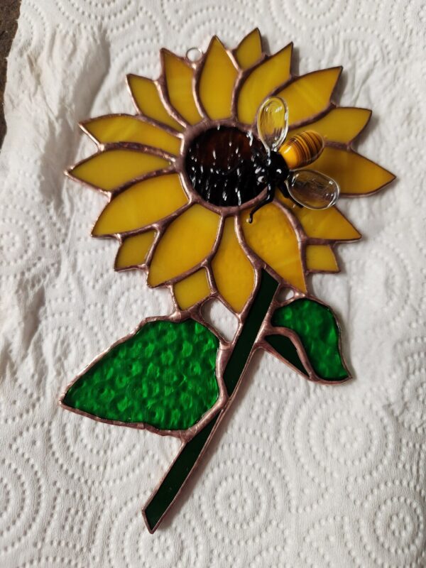 Stained Glass Sunflower Suncatcher with Lampwork Bee