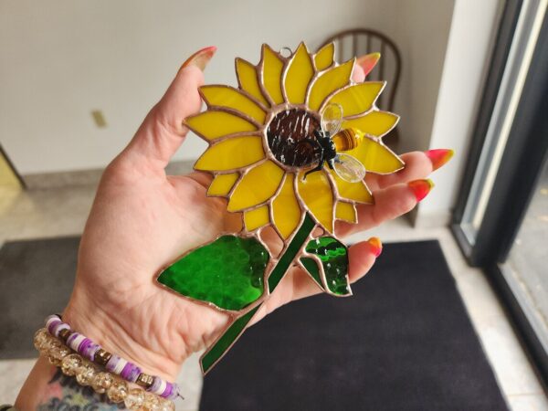 Stained Glass Sunflower Suncatcher with Lampwork Bee
