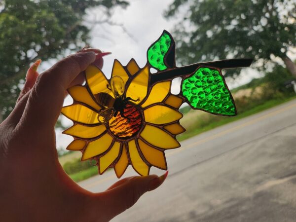 Stained Glass Sunflower Suncatcher with Lampwork Bee